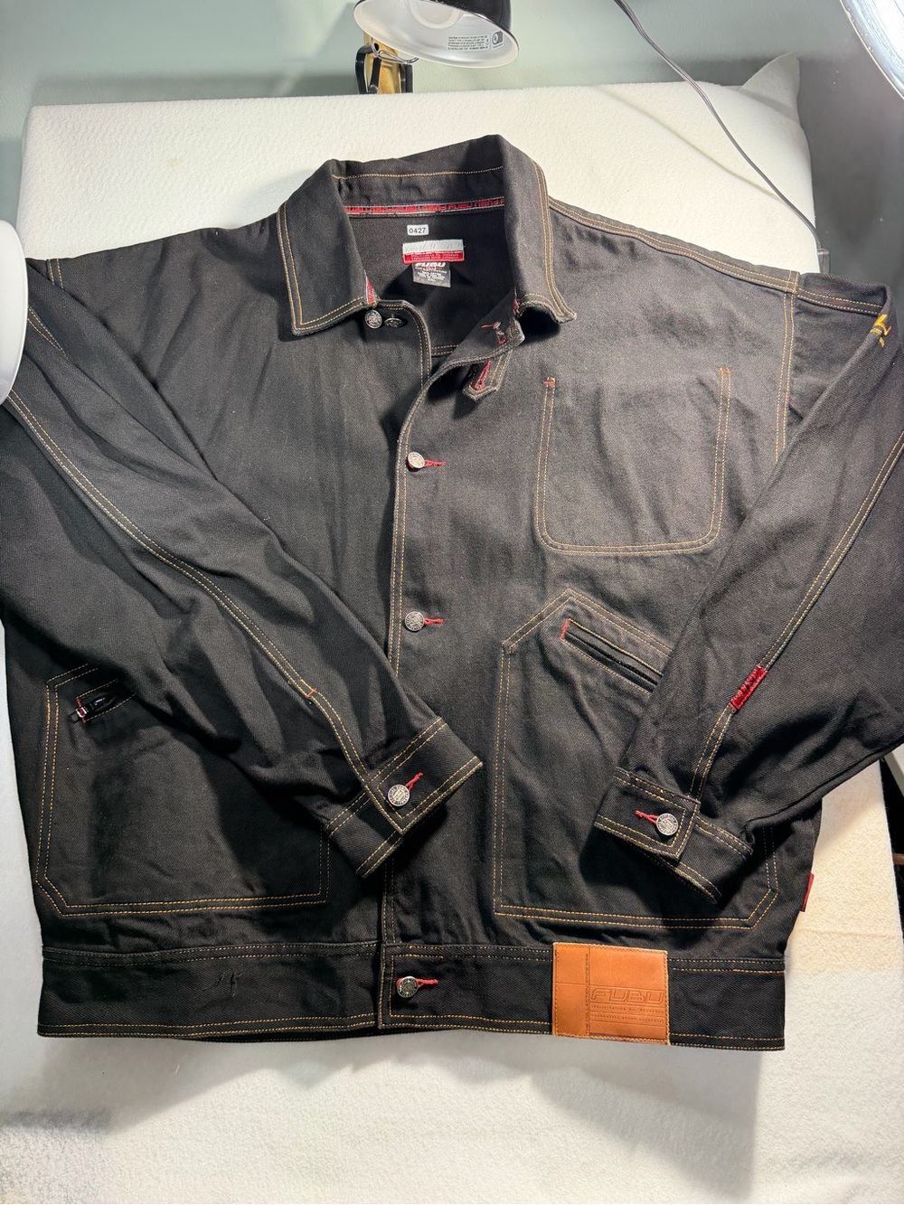 FUBU Black Lightweight Work Jacket with Brown Leather Patch